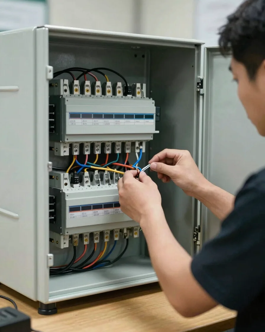 Technical editorial photo of hands inspecting wiring inside an electrical control panel at a real workbench, soft even d