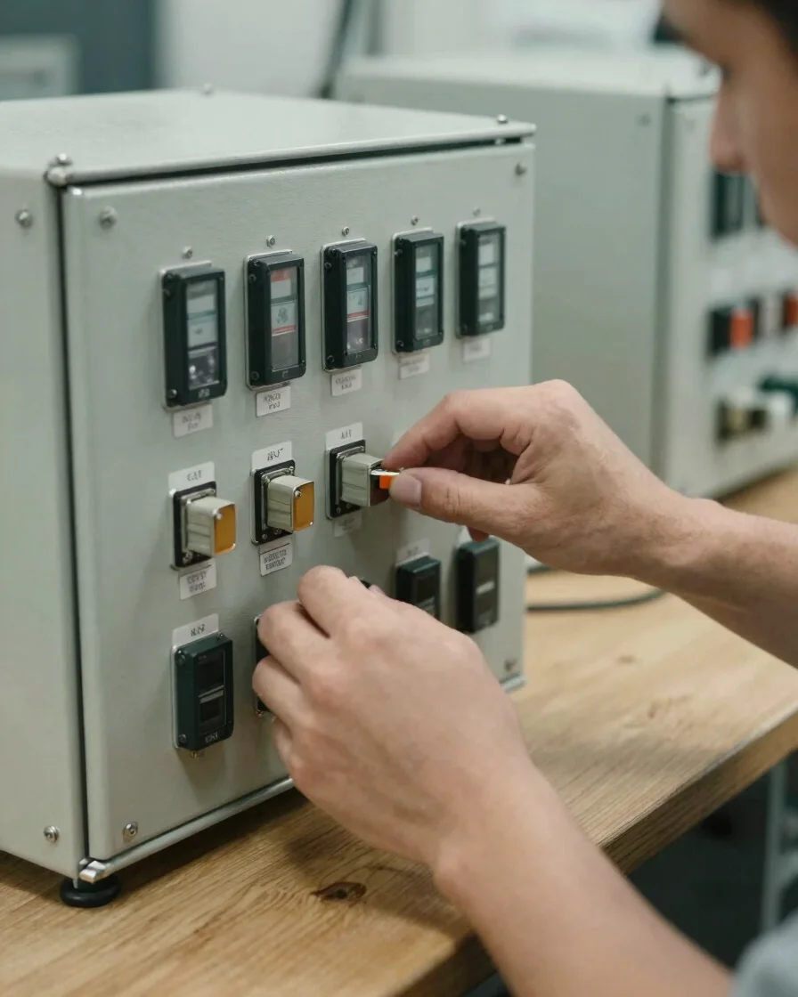 Close detail of a technician's hands inspecting a control panel on a clean workbench, soft neutral daylight, muted steel