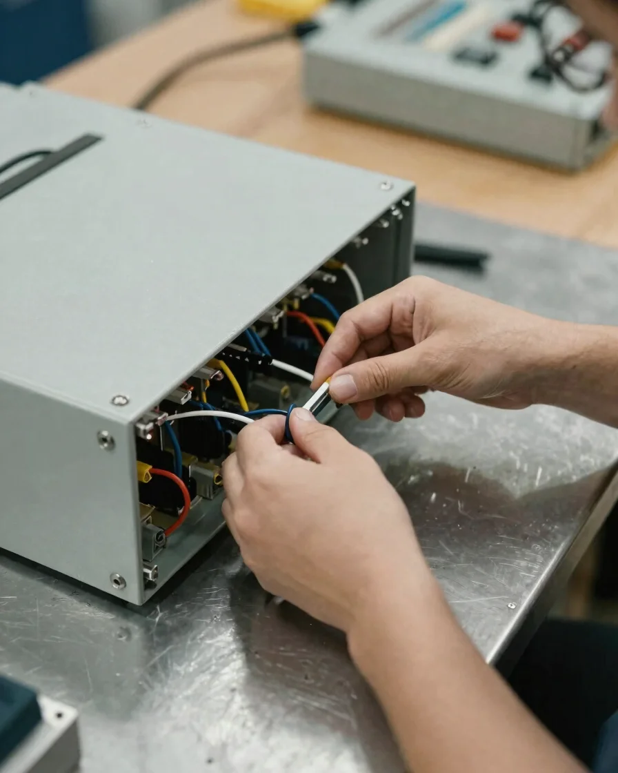 Close technical editorial photograph of hands routing wiring through a control panel on a clean steel workbench, soft ne