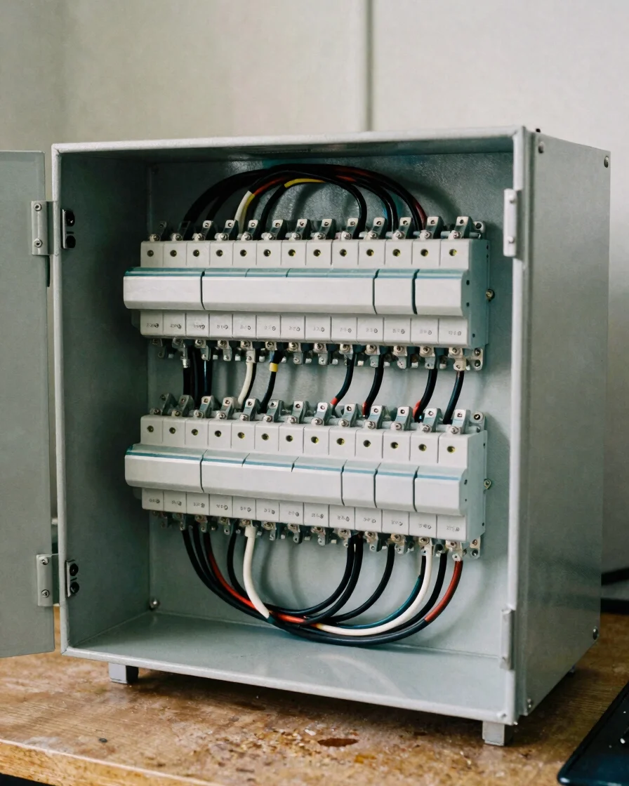 Close technical detail of a wired electrical control panel on a c