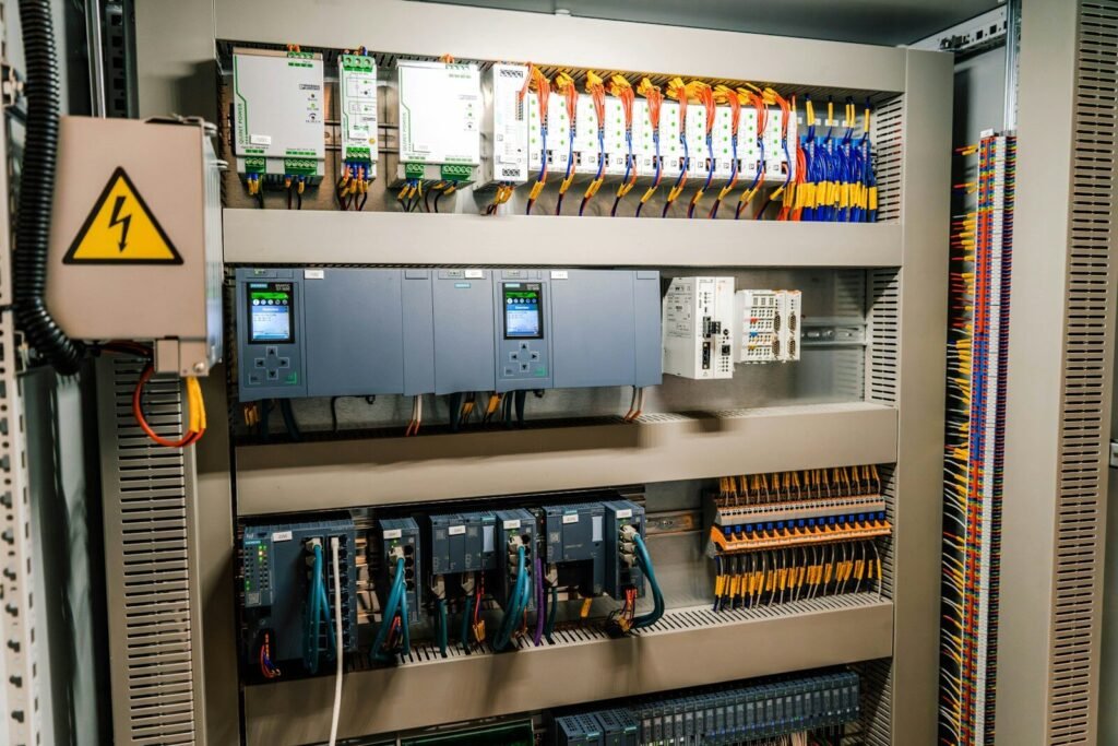 Industrial electrical control panel with wiring and electronic components